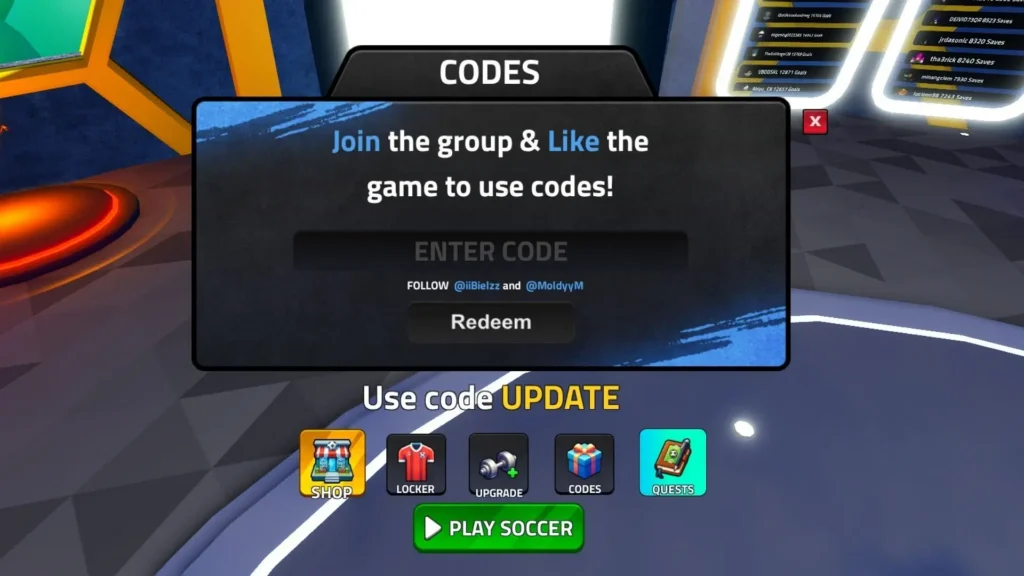 Redeem codes in Ultimate Soccer